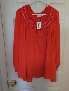Soft Surroundings Bright Orange Smocked-Neck Peasant Top
